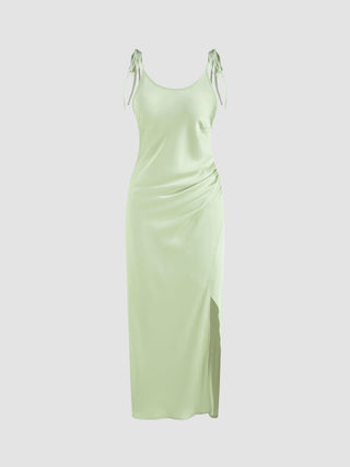 Ruched Split Maxi Dress With Waist Tie