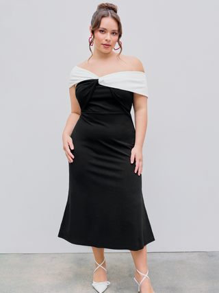 Ruched Two Tone Off-shoulder Midi Dress Curve & Plus