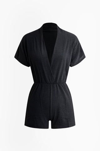 Ruched V-neck Romper (S / BLACK)