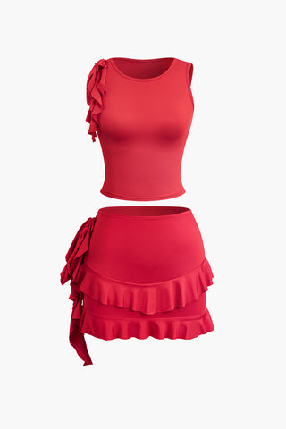 Ruffle Detail Tank Top And Mini Skirt Set (M / RED)