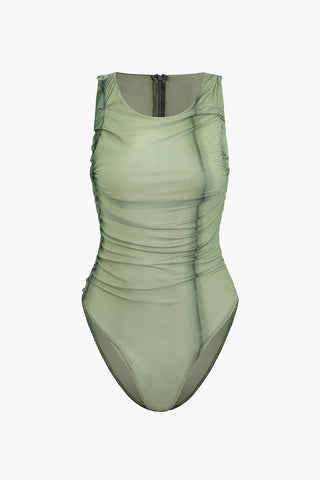 Ruffle Mesh Ruched Sleeveless Bodysuit (S / SAGE)