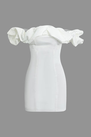 Ruffle Neckline Off The Shoulder Mini Dress (M / IVORY)