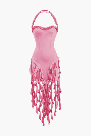 Ruffle Tassel Halter Bustier Mini Dress (L / PINK)