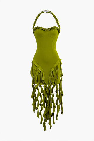 Ruffle Tassel Halter Bustier Mini Dress (M / GREEN)