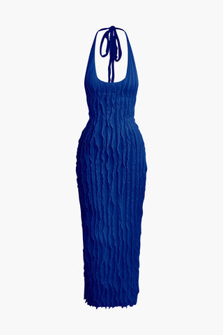 Ruffle Texture Halter Backless Maxi Dress (L / BLUE)