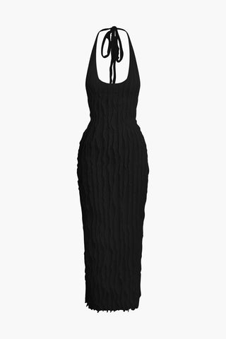 Ruffle Texture Halter Backless Maxi Dress (M / BLACK)