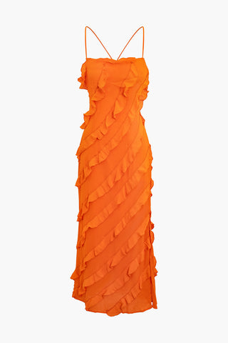 Ruffle Tie Backless Slip Maxi Dress (L / ORANGE YELLOW)