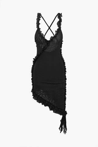 Ruffle Trim Asymmetrical Cross Backless Mini Dress (S / BLACK)