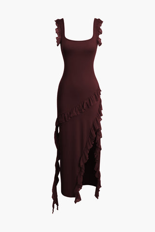 Ruffle Trim Square Neck Slit Sleeveless Maxi Dress (L / BURGUNDY)