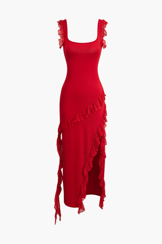 Ruffle Trim Square Neck Slit Sleeveless Maxi Dress (M / RED)