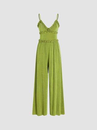 Ruffle Trim V-neck Cami Wide Leg Jumpsuit