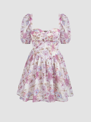 Sadie's Floral Sweetheart Puff Sleeve Ruffle Mini Dress (M / Pink)