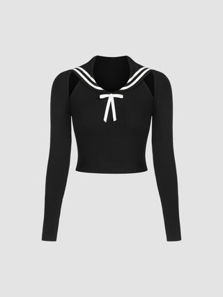 Sailor Collar Bowknot Knitted Long Sleeve Top