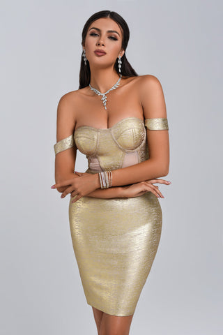 Sakari Off Shoulder Metallic Cocktail Dress  Gold (S / Gold)