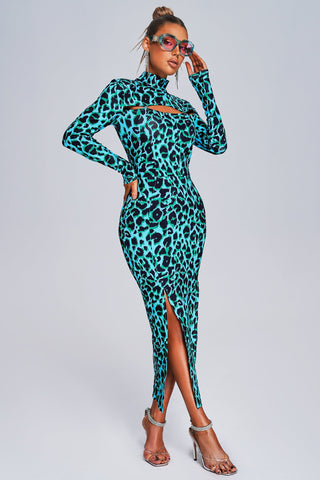 Saraja Leopard Slit Midi Dress (L / Blue)