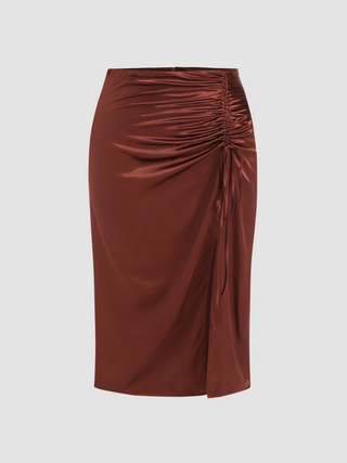 Satin Brown Drawstring Midi Skirt Curve & Plus