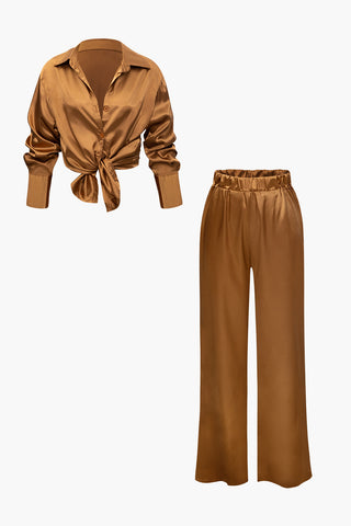 Satin Button Up Long Sleeve Shirt And Pants Set (M / COFFEE)