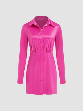 Satin Collar Button Long Sleeve Shirt Dress