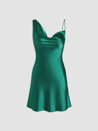 Satin Cowl Neck Ruched Mini Dress