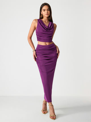 Satin Cowl Neck Solid Ruched Crop Top & Maxi Skirt Set