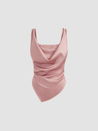 Satin Cowl Neck Solid Ruched Crop Top