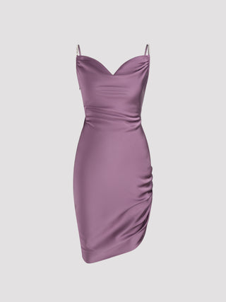 Satin Cowl Neck Solid Ruched Midi Dress