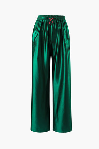 Satin Drawstring Wide Leg Pants (XS / GREEN)