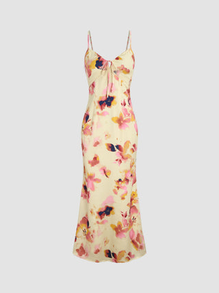 Satin Floral Knotted V-neck Maxi Dress