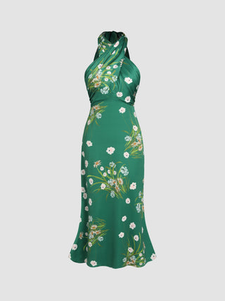 Satin Floral Pattern Cross Halter Midi Dress (S / Green)