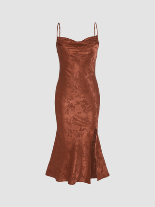 Satin Floral Slit Mermaid Midi Dress (M / Brown)