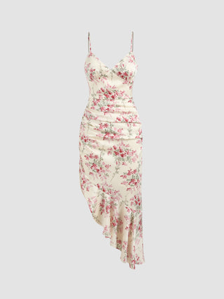 Satin Floral V-neck Ruffle Hem Maxi Dress