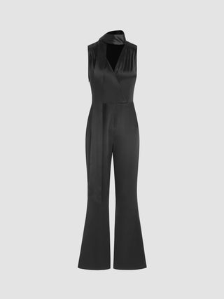 Satin Halter Neckline Solid Pleated Jumpsuit