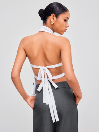 Satin Halter Solid Backless Knotted Top