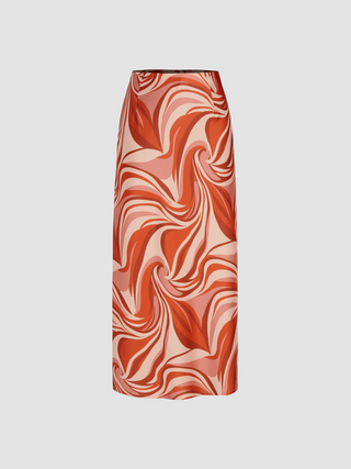 Satin High Rise Abstract Maxi Skirt (XS / Orange)