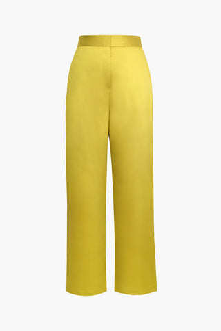 Satin High Waisted Straight Leg Trousers (M / YELLOW)