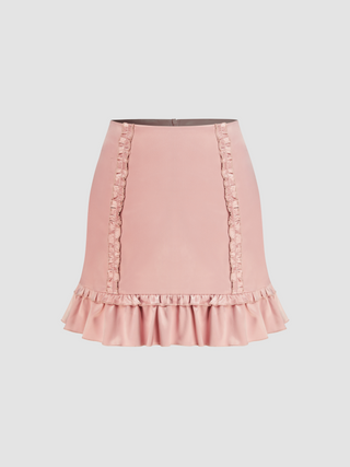 Satin Mid Rise Ruffle Hem Solid Mini Skirt (XL / Pink)