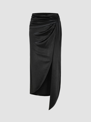 Satin Mid Waist Asymmetrical Split Ruched Midi Skirt