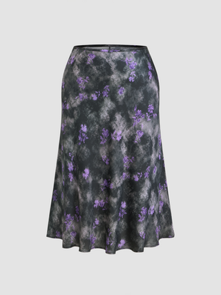 Satin Mid Waist Floral Ruffle Midi Mermaid Skirt Curve & Plus