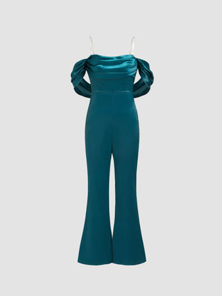 Satin Off Shoulder Flared Jumpsuit