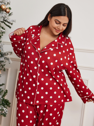 Satin Polka Dot Button Pajama Top Curve & Plus