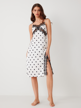 Satin Polka Dot Lace Split Slip Midi Nightdress