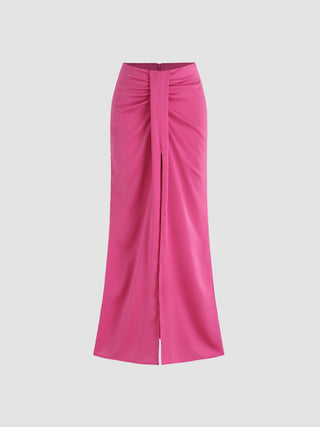 Satin Ruched Bodycon Split Long Skirt