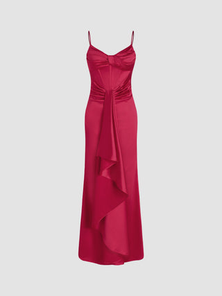 Satin Scoop Neckline Ruched Maxi Dress