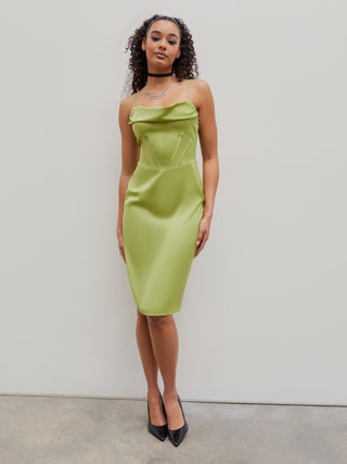 Satin Solid Cowl Neck Sleeveless Midi Dress