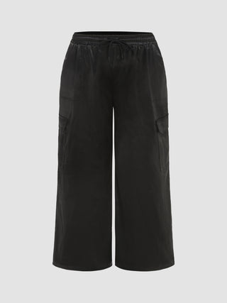 Satin Solid Pocket Cargo Wide Leg Trousers Curve & Plus