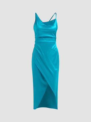 Satin Solid Slit Midi Dress