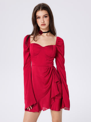 Satin Solid Sweetheart Ruffle Mini Dress (L / Red)