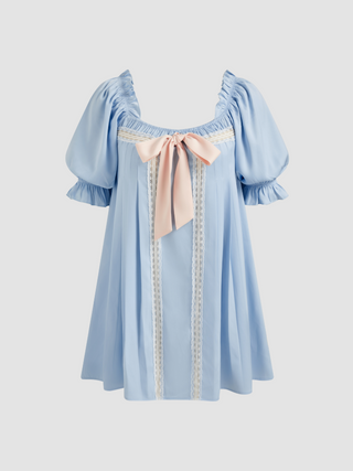 Satin Square Neck Bowknot Puff Sleeve Mini Dress (M / Baby Blue)