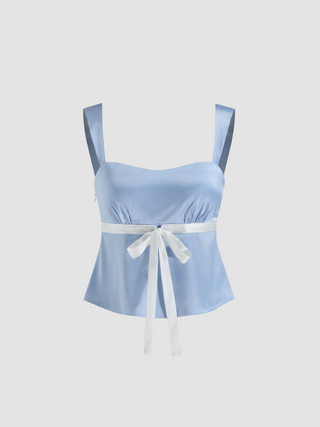 Satin Square Neck Solid Bowknot Tank Top