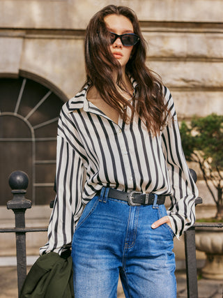 Satin Striped Collar Long Sleeve Blouse